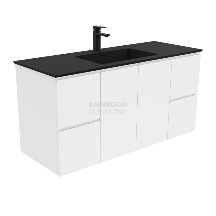 Fienza - Montana Black Wall Hung Vanity, Solid Surface Top, White Gloss Fingerpull 1200mm 1 Tap Hole