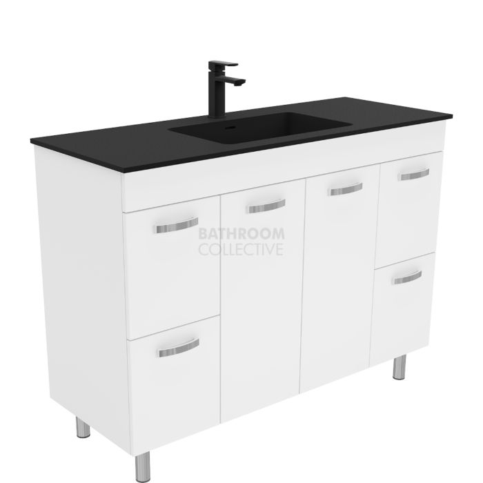 Fienza - Montana Black On Legs Vanity, Solid Surface Top, White Gloss 1200mm 1 Tap Hole
