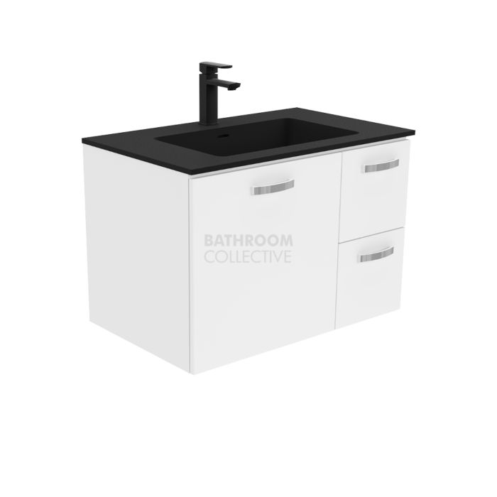 Fienza - Montana Black Wall Hung Vanity Right Drawers, Solid Surface Top, White Gloss 750mm 1 Tap Hole