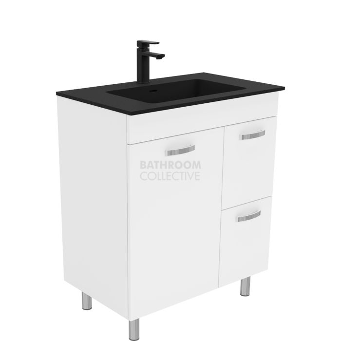 Fienza - Montana Black On Legs Vanity Right Drawers, Solid Surface Top, White Gloss 750mm 1 Tap Hole