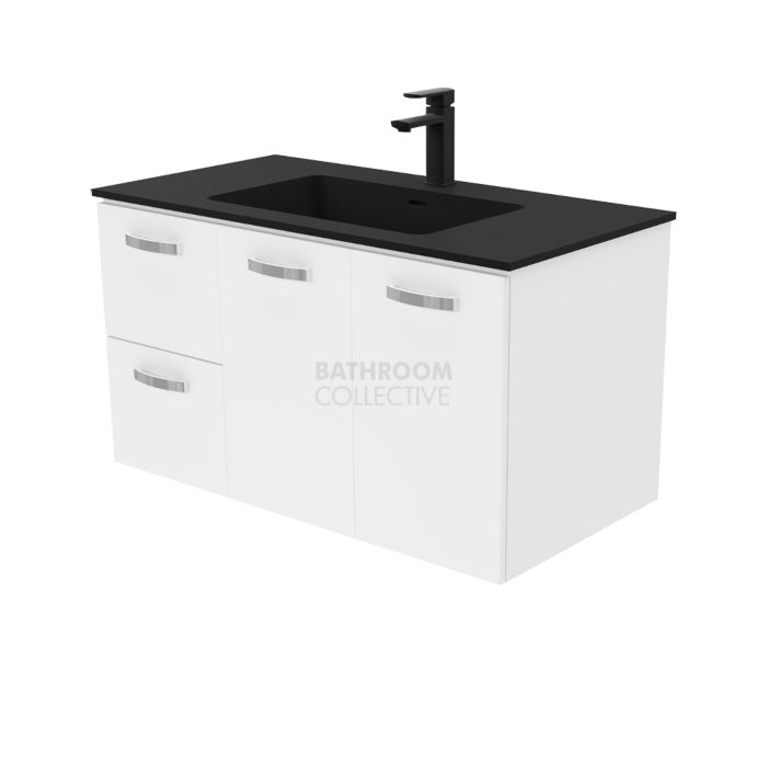 Fienza - Montana Black Wall Hung Vanity Left Drawers, Solid Surface Top, White Gloss 900mm 1 Tap Hole