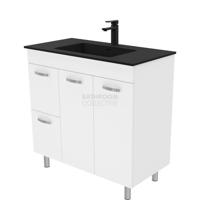 Fienza - Montana Black On Legs Vanity Left Drawers, Solid Surface Top, White Gloss 900mm 1 Tap Hole