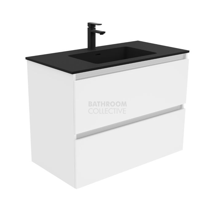 Fienza - Montana Black Wall Hung Quest All Drawer Vanity, Solid Surface Top, White Gloss 900mm 1 Tap Hole