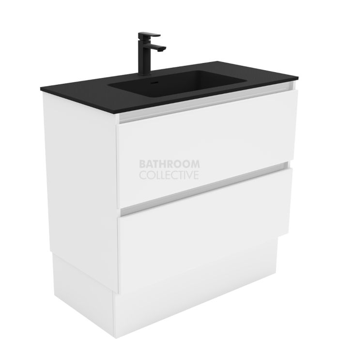 Fienza - Montana Black Freestanding Quest All Drawer Vanity, Solid Surface Top, White Gloss 900mm 1 Tap Hole