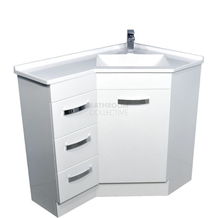 Fienza - Freestanding Corner Vanity, Artificial Marble Top Gloss White 900mm x 600mm Left Drawers 1 Tap Hole