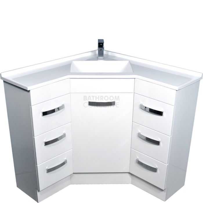 Fienza - Freestanding Corner Vanity, Artificial Marble Top Gloss White 900mm x 900mm Left & Right Drawers 1 Tap Hole