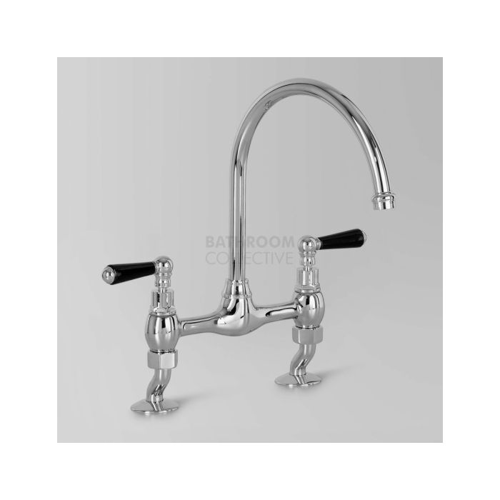 Astra Walker - Olde English Exposed Kitchen Sink Tap, 200mm Swivel Spout Lever Handle CHROME/BLACK HANDLE A51.32.BL