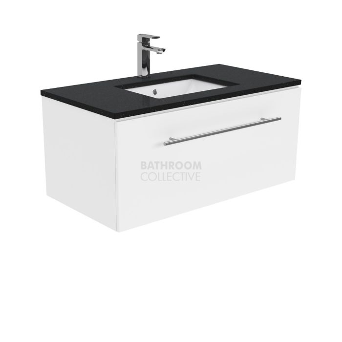 Fienza - Sarah Black Sparkle Wall Hung Manu Drawer Vanity, Stone Top, White Gloss 900mm 1 Tap Hole