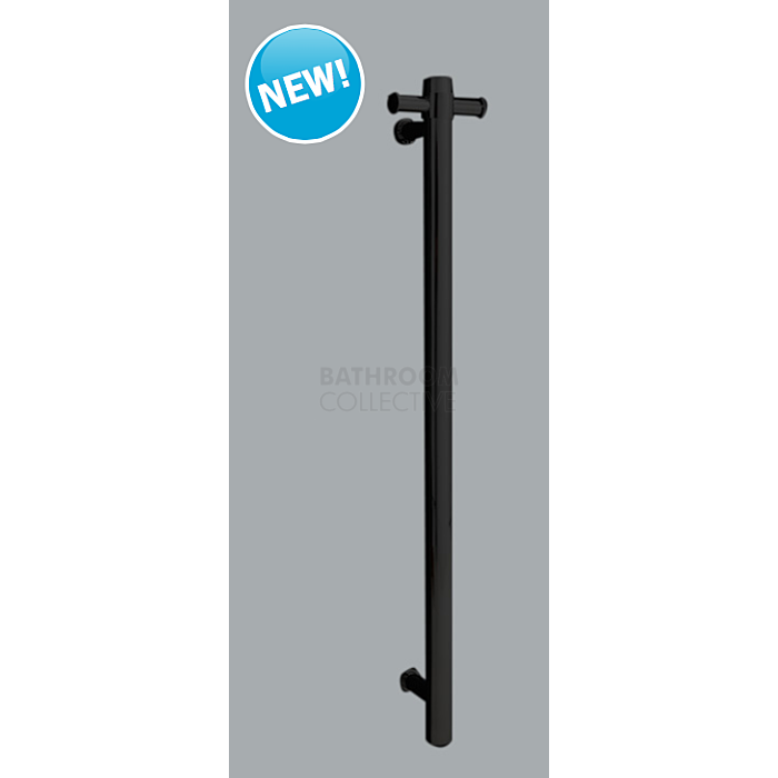 Thermorail - Vertical Round Heated Towel Rail + Hook MATTE BLACK W142 x H900 x D100