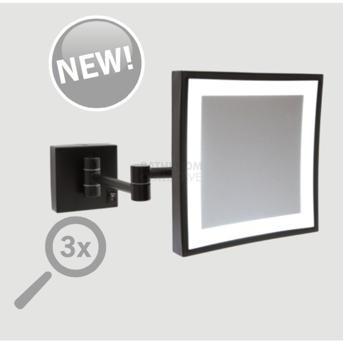 Ablaze - Square Wall Shaving/Make Up Mirror with Cool Light Concealed Wiring 3x Magnification MATTE BLACK