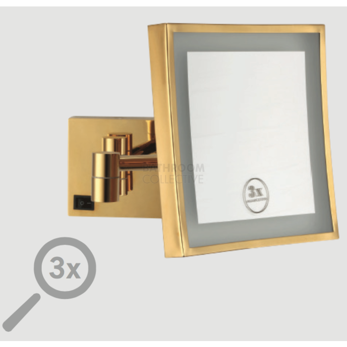 Ablaze - Square Wall Shaving/Make Up Mirror with Cool Light Exposed Wiring 3x Magnification GOLD