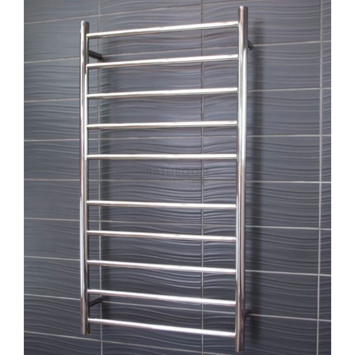Radiant - Round 10 Bar Heated Towel Ladder 1100H x 600W (left wiring) POLISHED STAINLESS