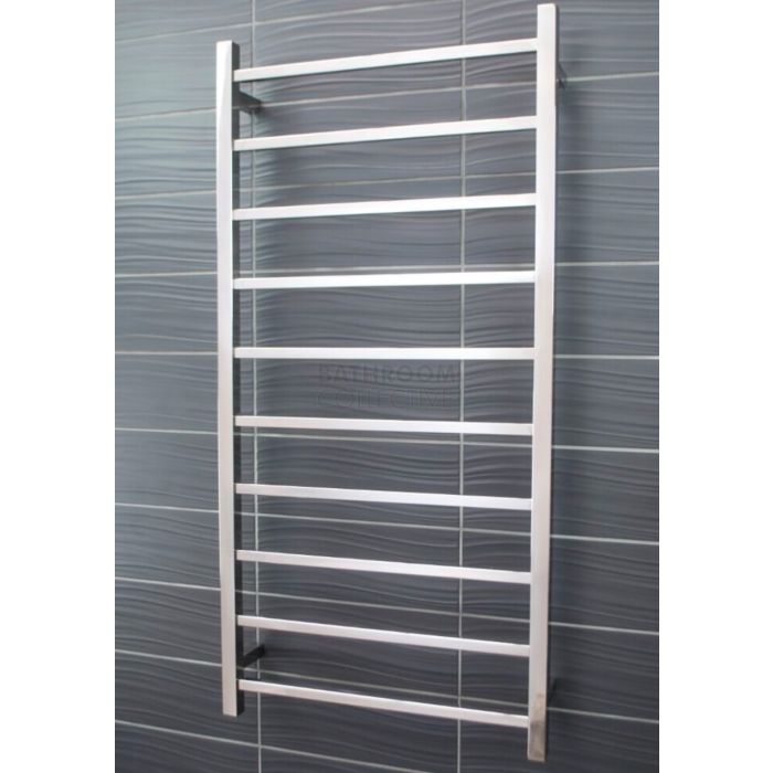 Radiant - Square 10 Bar Heated Towel Ladder 1200H x 600W (right wiring) POLISHED STAINLESS
