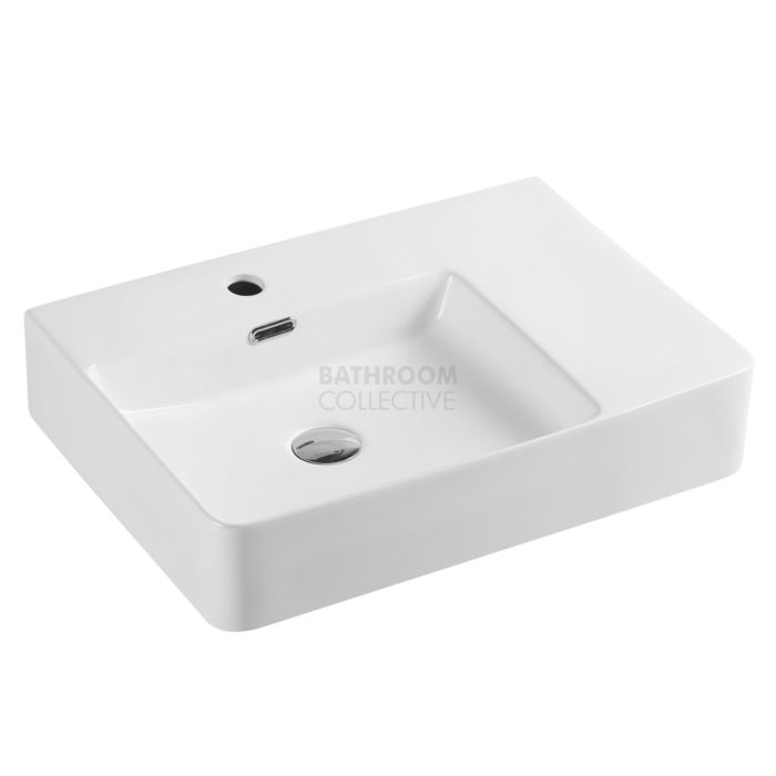 Collections - Vento 600mm White Wall Hung Rectangular Left Offset Basin with Tap Hole
