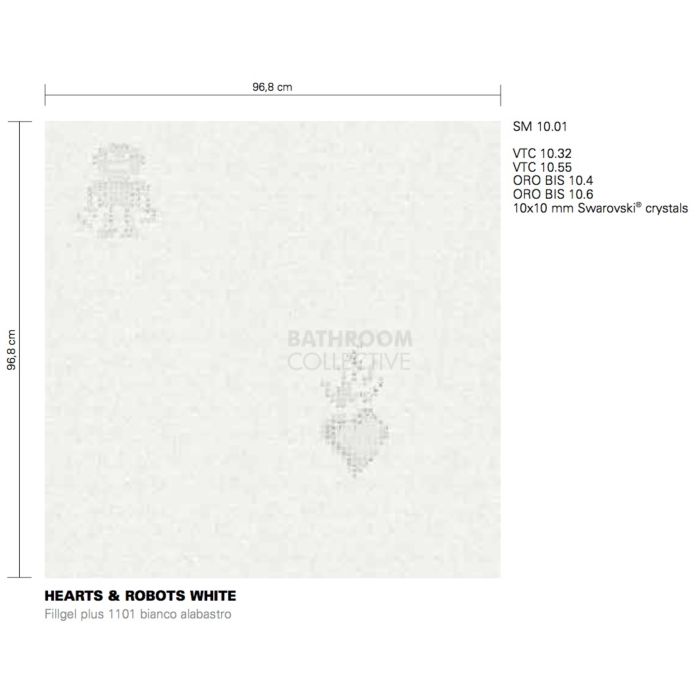 Bisazza - Luxe Hearts & Robots White Decorative Glass Mosaic Tiles, order unit 0.93m2