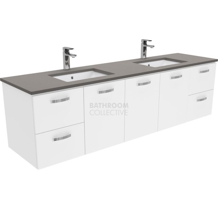 Fienza - Sarah Dove Grey Wall Hung Vanity Double Bowl, Stone Top, White Gloss 1800mm 1 Tap Hole