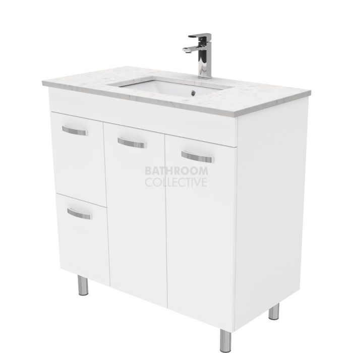 Fienza - Sarah Bianco Marble On Legs Vanity Left Drawers, Stone Top, White Gloss 900mm 1 Tap Hole