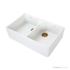 1901 800mm Fireclay Double Butler Sink, White, Brushed Gold Waste AB0200-BGW