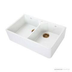 1901 800mm Fireclay Double Butler Sink with Taphole, White, Brushed Gold Waste AB0250-BGW