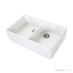 1901 800mm Fireclay Double Butler Sink with Taphole, White, Stainless Steel Waste AB0250-SSW