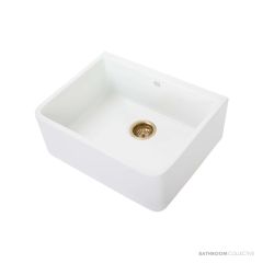 1901 Apron 595mm Fireclay Butler Sink, White, Brushed Gold Waste AB5400-BGW