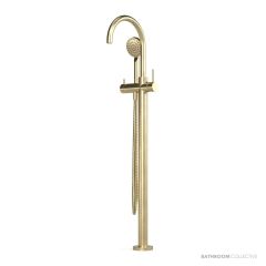 Faucet Strommen Pegasi Floor Mixer Curve with 90mm Round Handshower, Raw Brushed Brass 30682-91