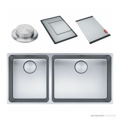 Franke Mythos Top, Flush & Under Mount 1 & 1/2 Double Bowl Sink 895mm, SBL, PB835, RM081, DT288, Stainless MYX220-50/34FPCSBL