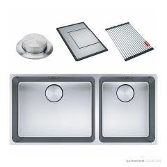 Franke Mythos Top, Flush & Under Mount 1 & 1/2 Double Bowl Sink 895mm, SBR, PB835, RM081, DT288, Stainless MYX220-50/34FPCSBR