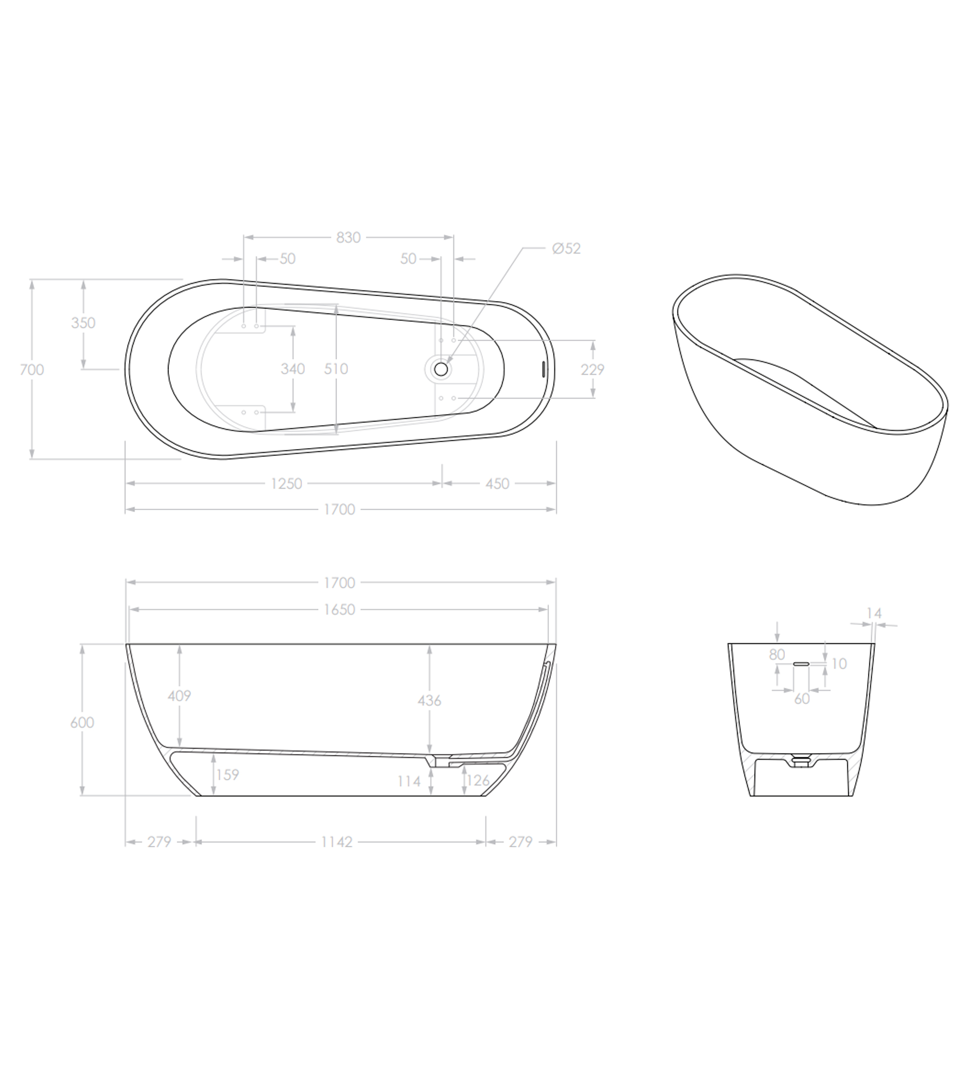 ADP Day Dream 1700mm Solid Cast Marble Freestanding Bath, Gloss Black/Gloss White