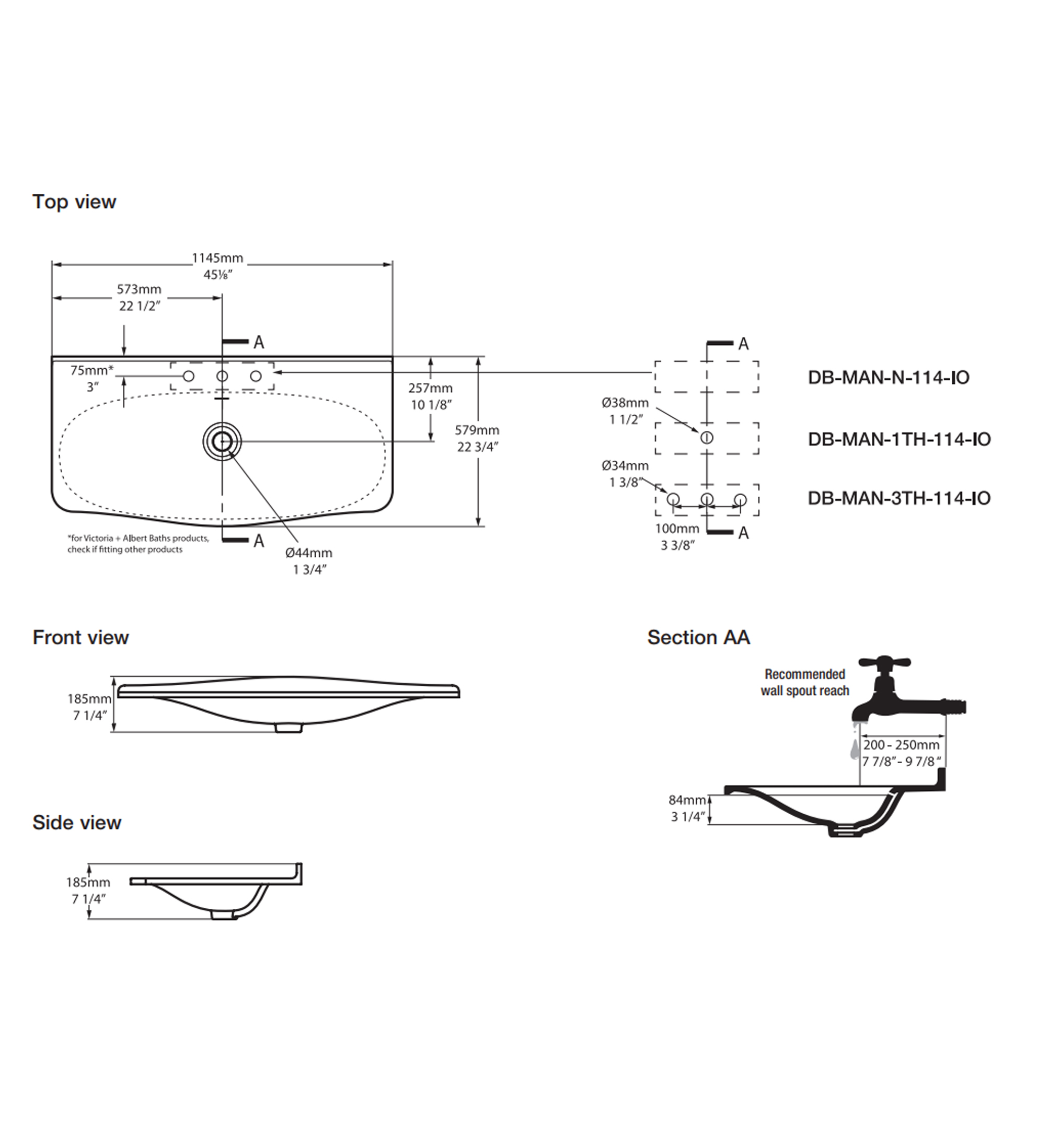 Victoria & Albert Mandello 114 Solo Stone Undermount Basin 1145 x 579 x 185mm, with Overflow and 1 Taphole, Gloss White