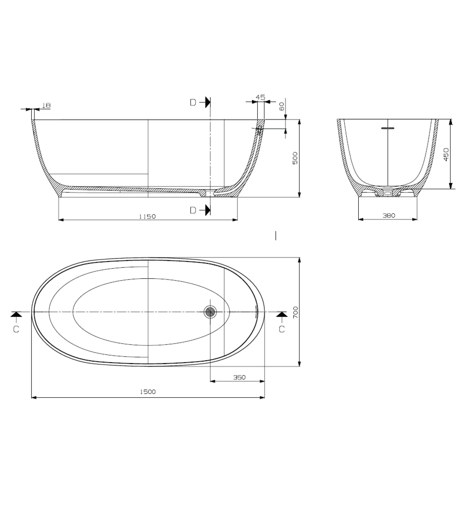 Domus Living Diana 1500mm Freestanding Bath, Matte Grey
