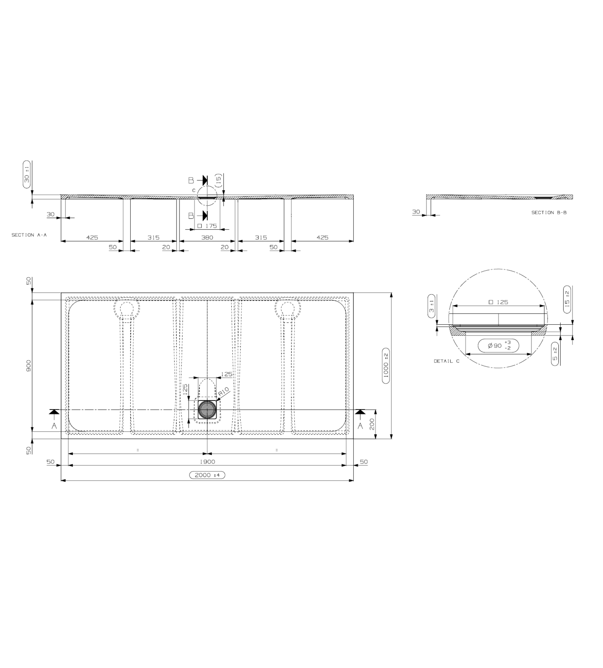 Domus Living Pietra 2000 x 1000mm Shower Floor, Matte Light Grey