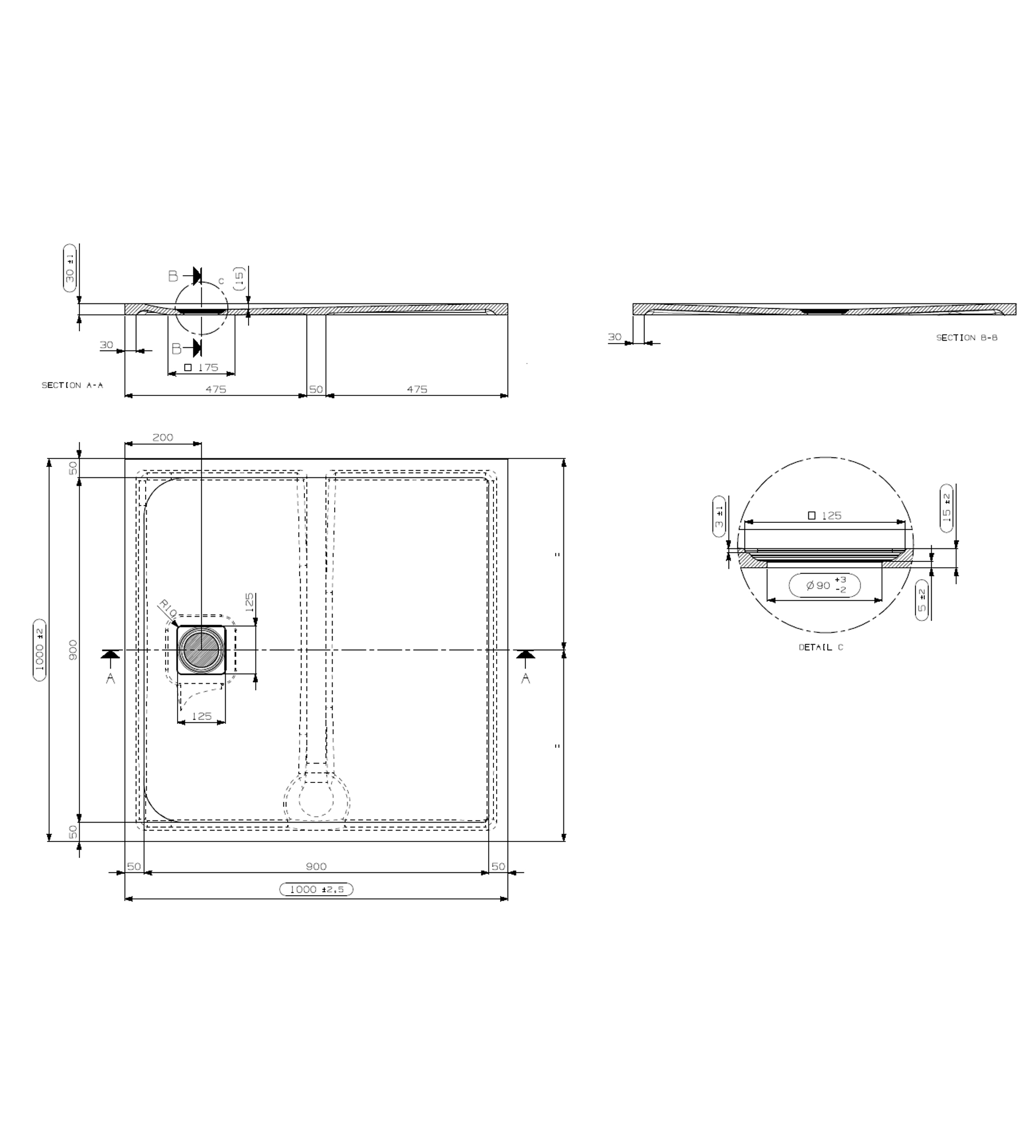 Domus Living Pietra 2000 x 1000mm Shower Floor, Matte Black