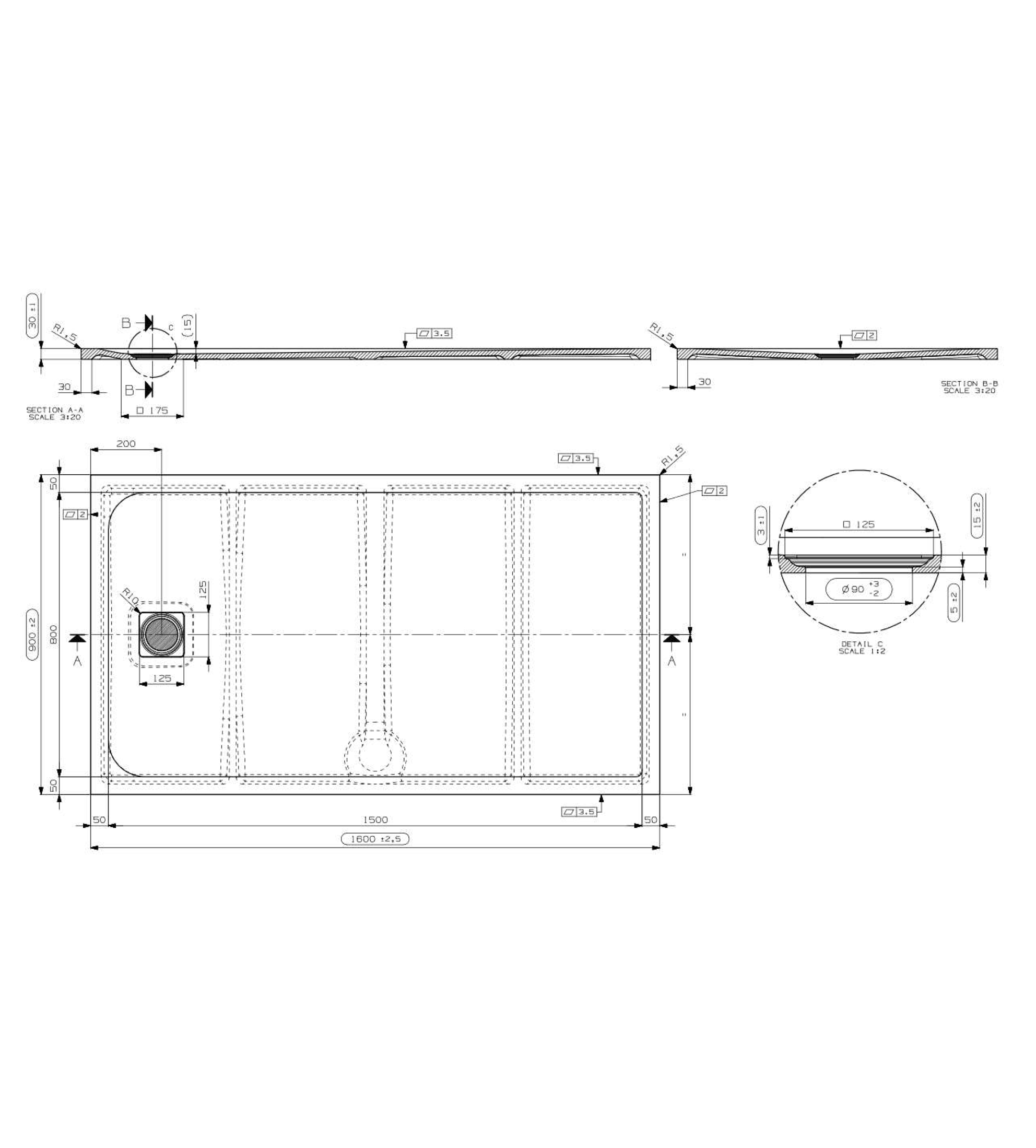 Domus Living Pietra 900 x 1600mm Shower Floor, Matte Black
