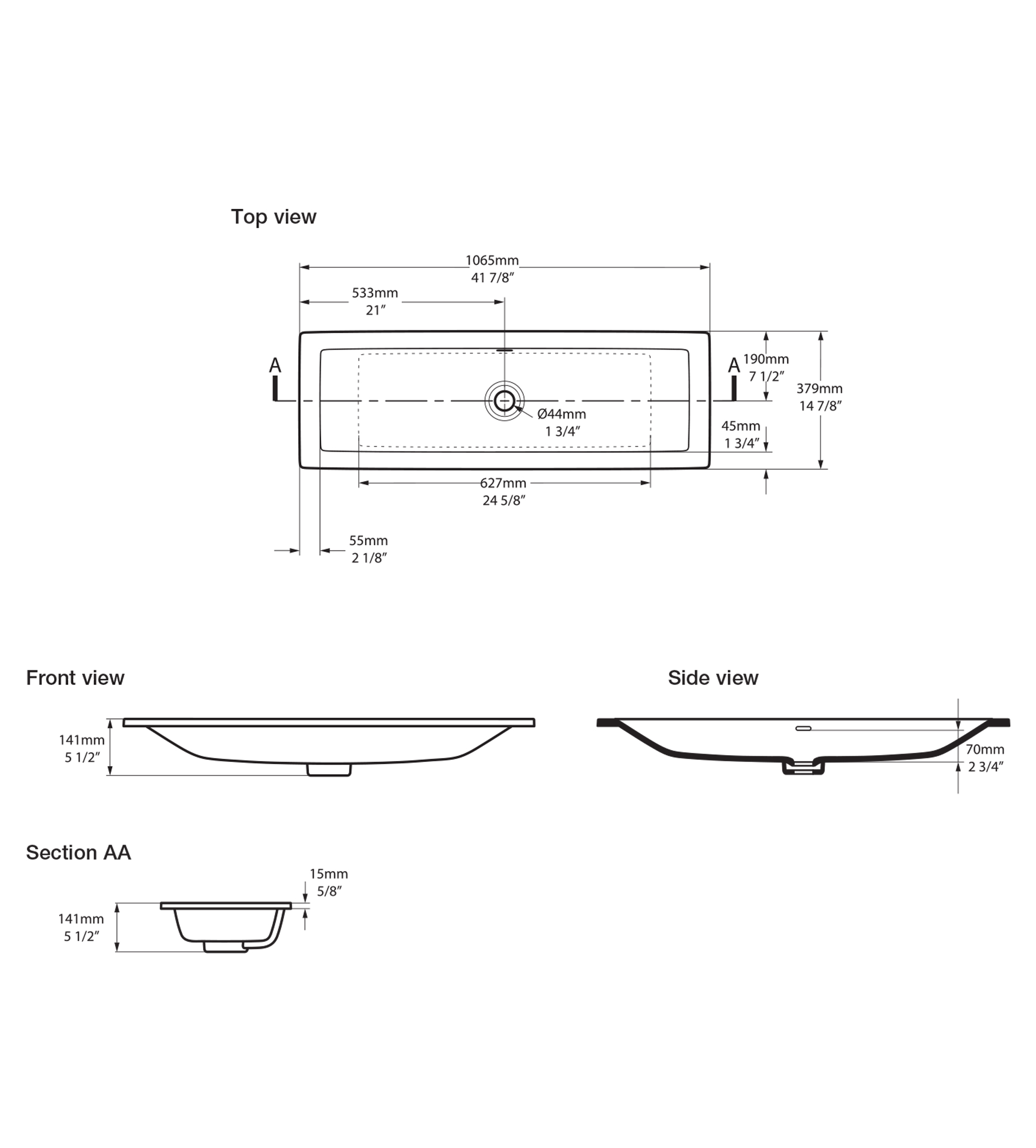 Victoria & Albert Rosendale 107 Stone Drop In or Undermount Basin 1065 x 379 x 141mm, with Overflow, Gloss White