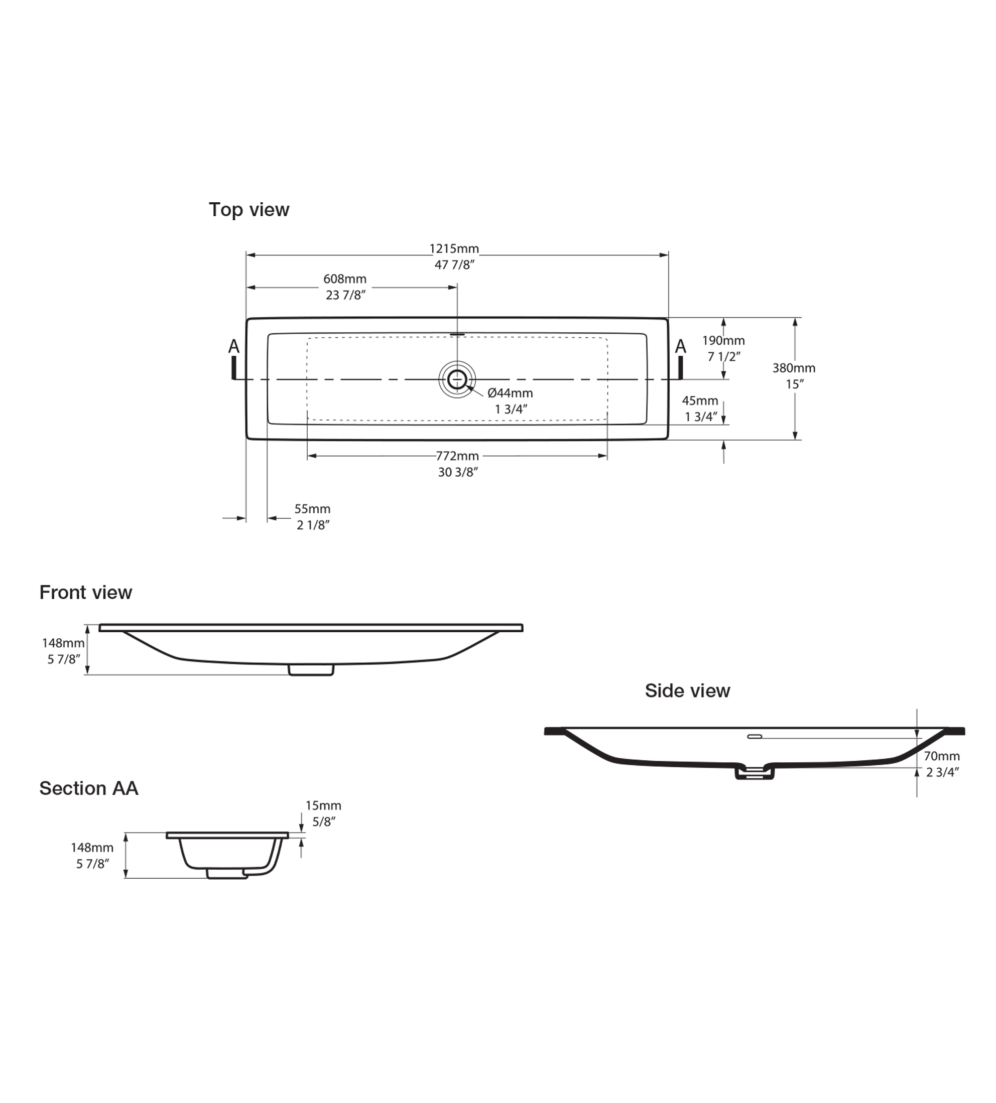 Victoria & Albert Rosendale 122 Stone Drop In or Undermount Basin 1215 x 380 x 148mm, with Overflow, Gloss White