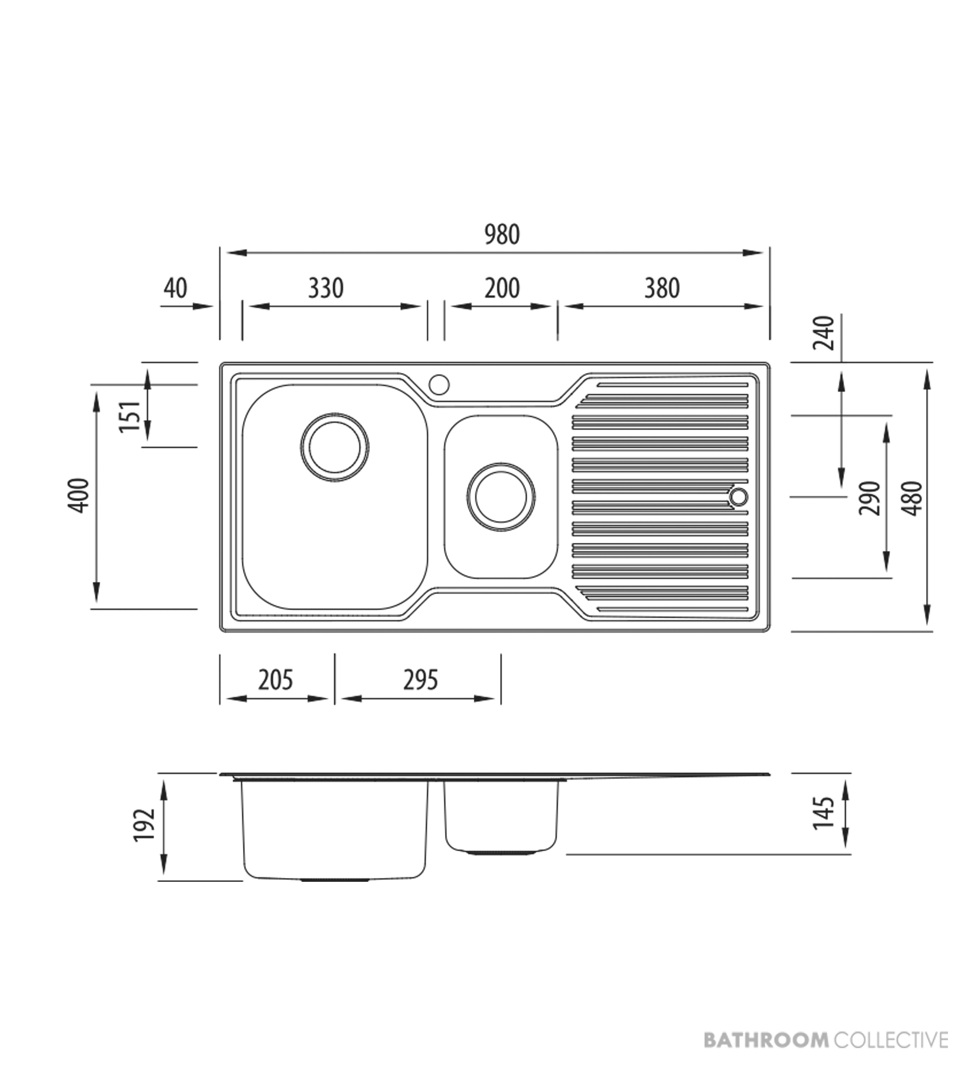 Oliveri Diaz Topmount 1 & 1/2 Double Bowl Sink 980mm, Right Drainer, Stainless DZ101 1TH