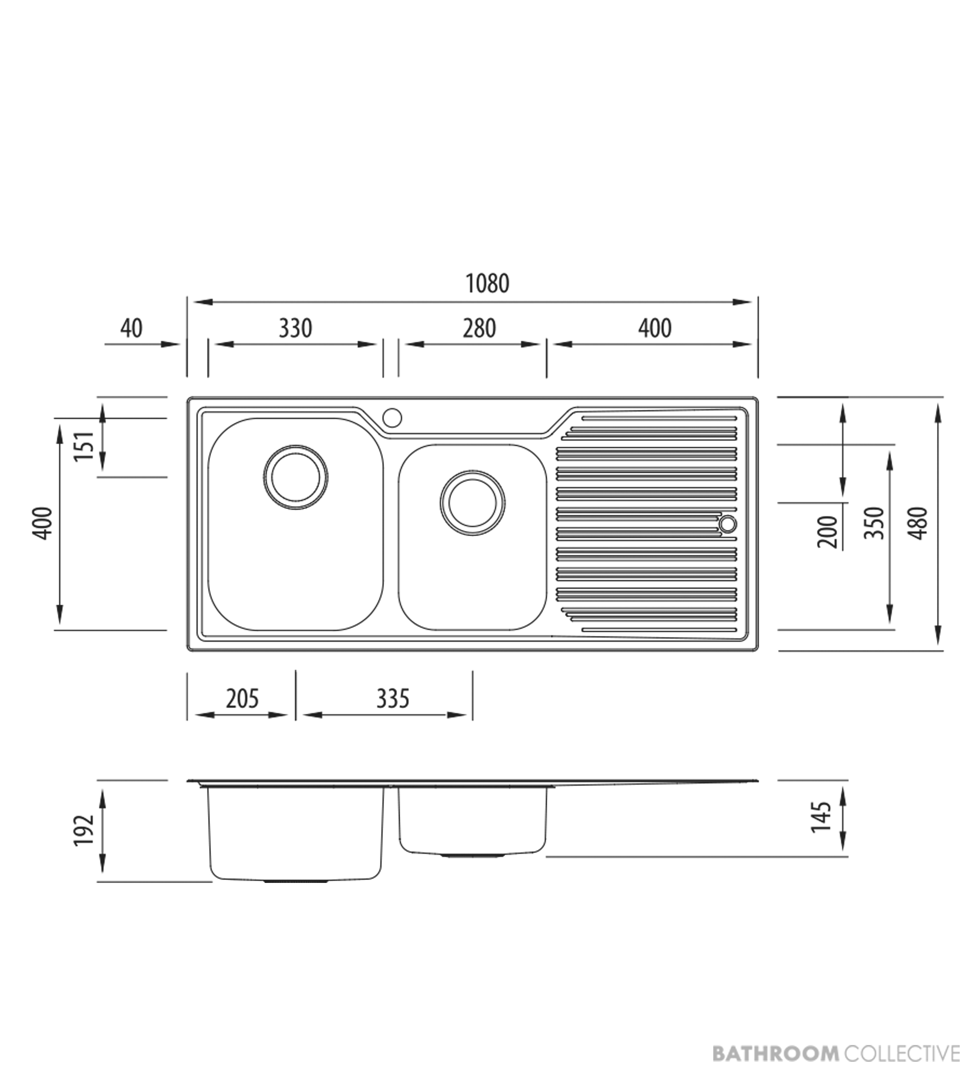 Oliveri Diaz Topmount 1 & 3/4 Double Bowl Sink 1080mm, Right Drainer, Stainless DZ111 1TH