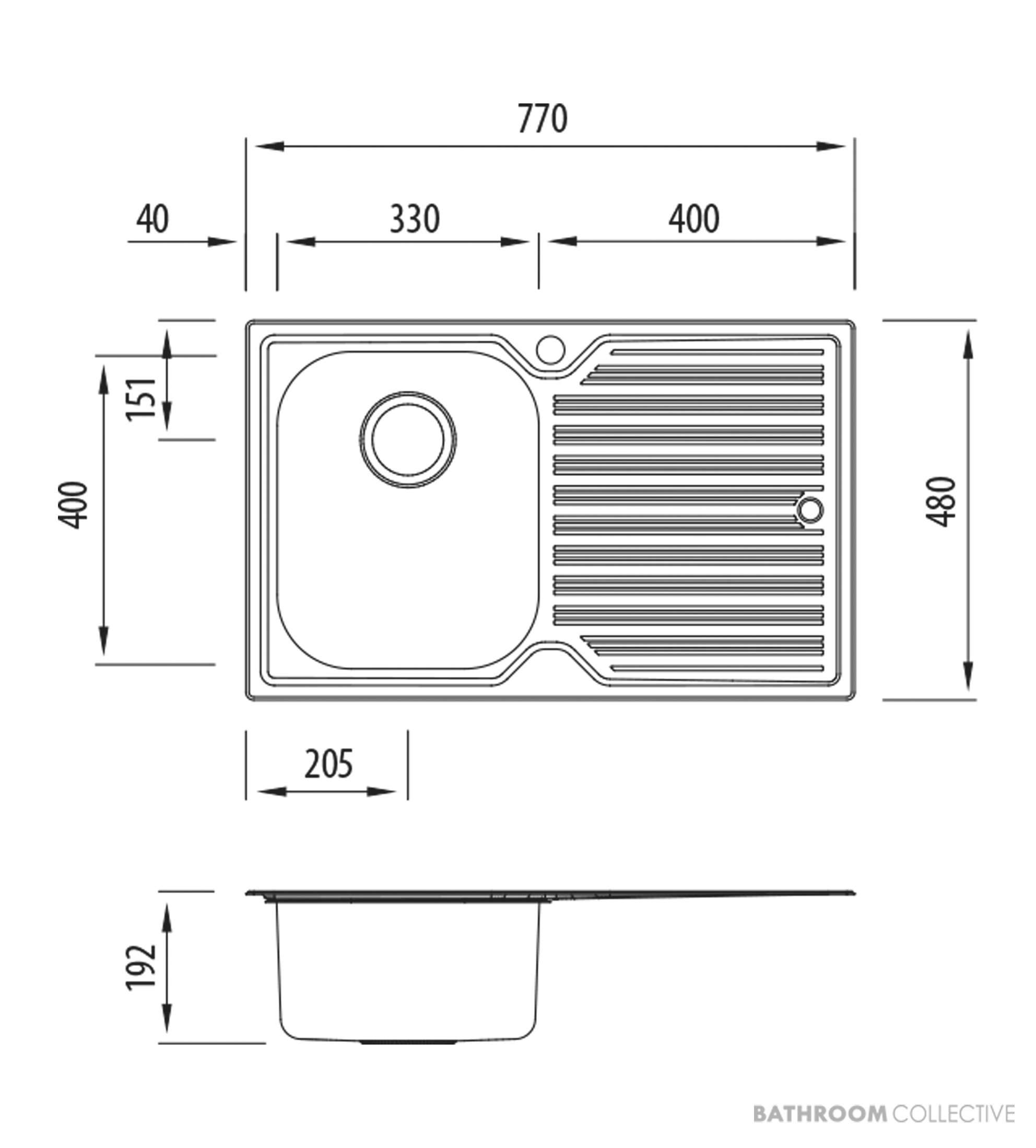 Oliveri Diaz Topmount Single Bowl Sink 770mm, Right Drainer, Stainless DZ121 1TH
