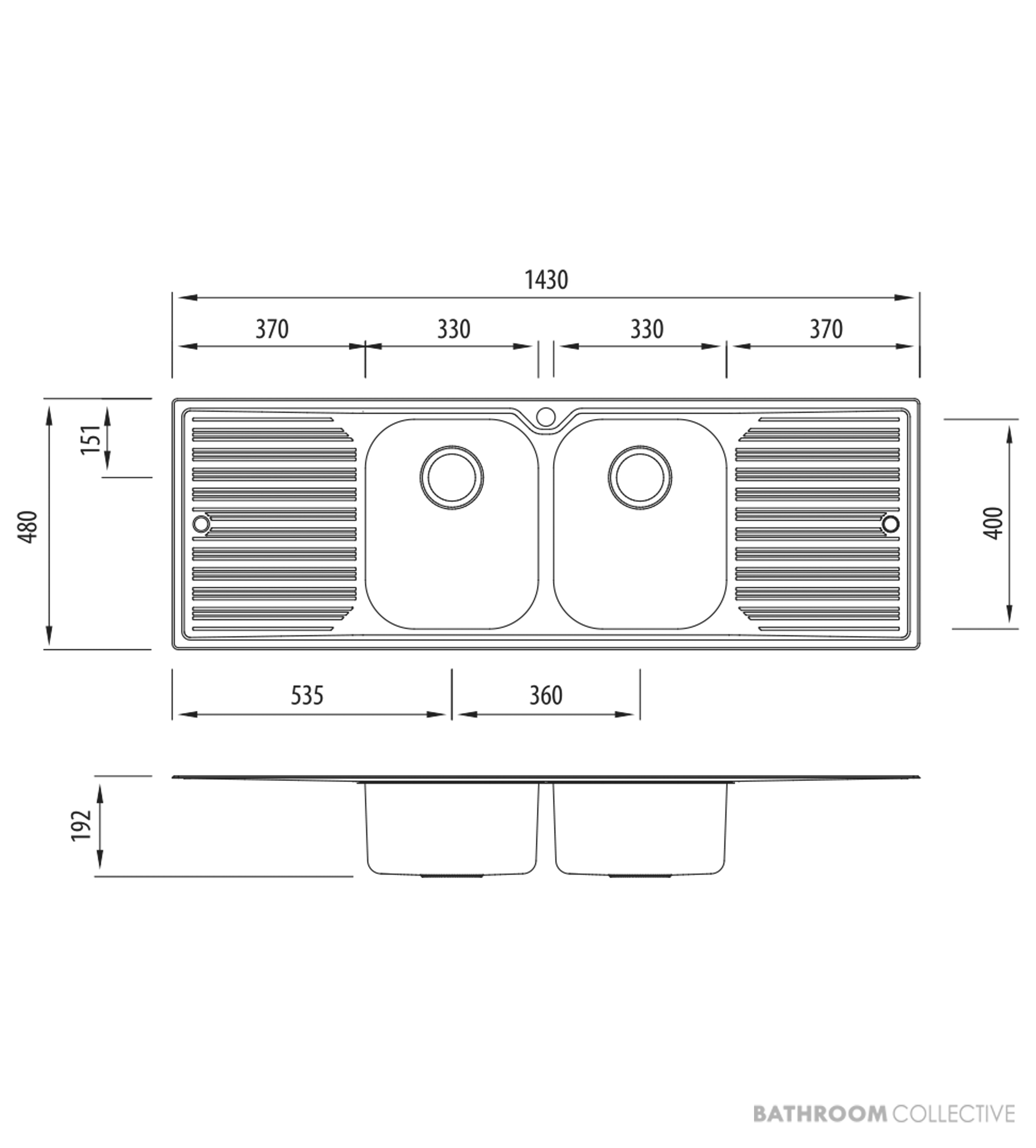 Oliveri Diaz Topmount Double Bowl Sink 1430mm, Double Drainer, Stainless DZ153 1TH