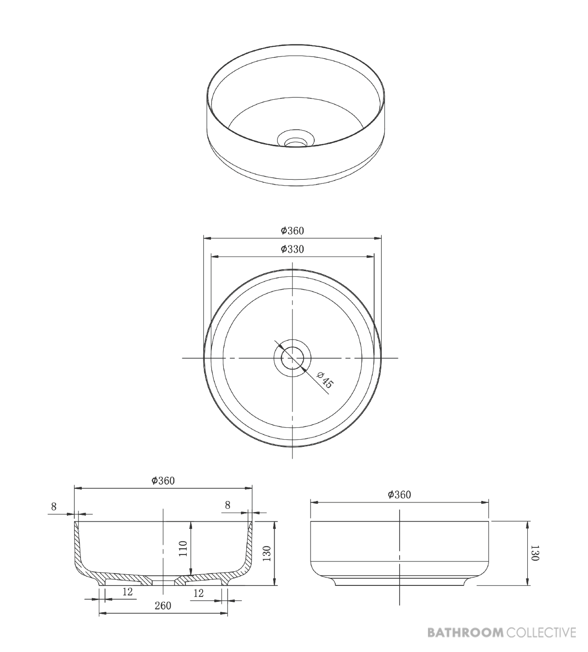 Loughlin Eden Round Acrylic 360mm Above Counter Basin, White
