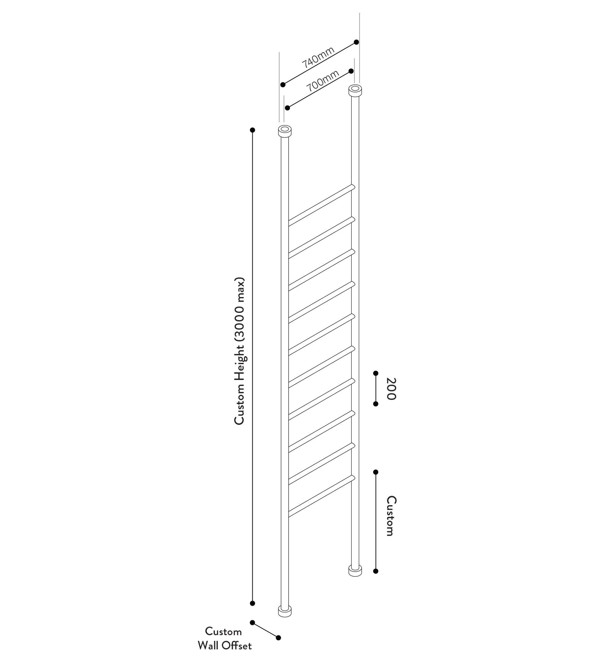 Hydrotherm FC Series Electric Floor to Ceiling Ladder (Floor Connection) 700mm wide