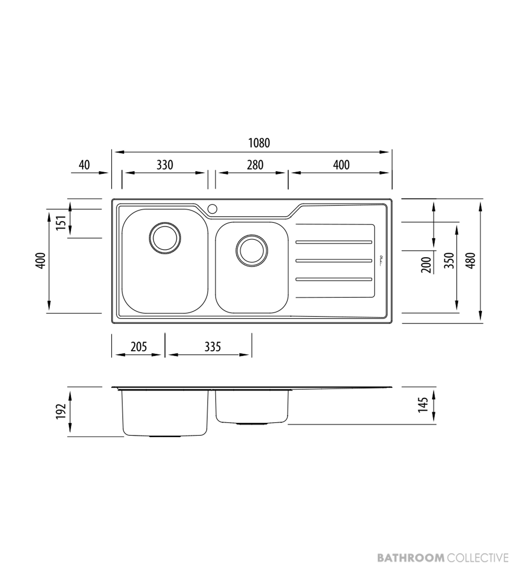 Oliveri Flinders Topmount 1 & 3/4 Double Bowl Sink 1080mm, Right Drainer, Stainless FL111 1TH