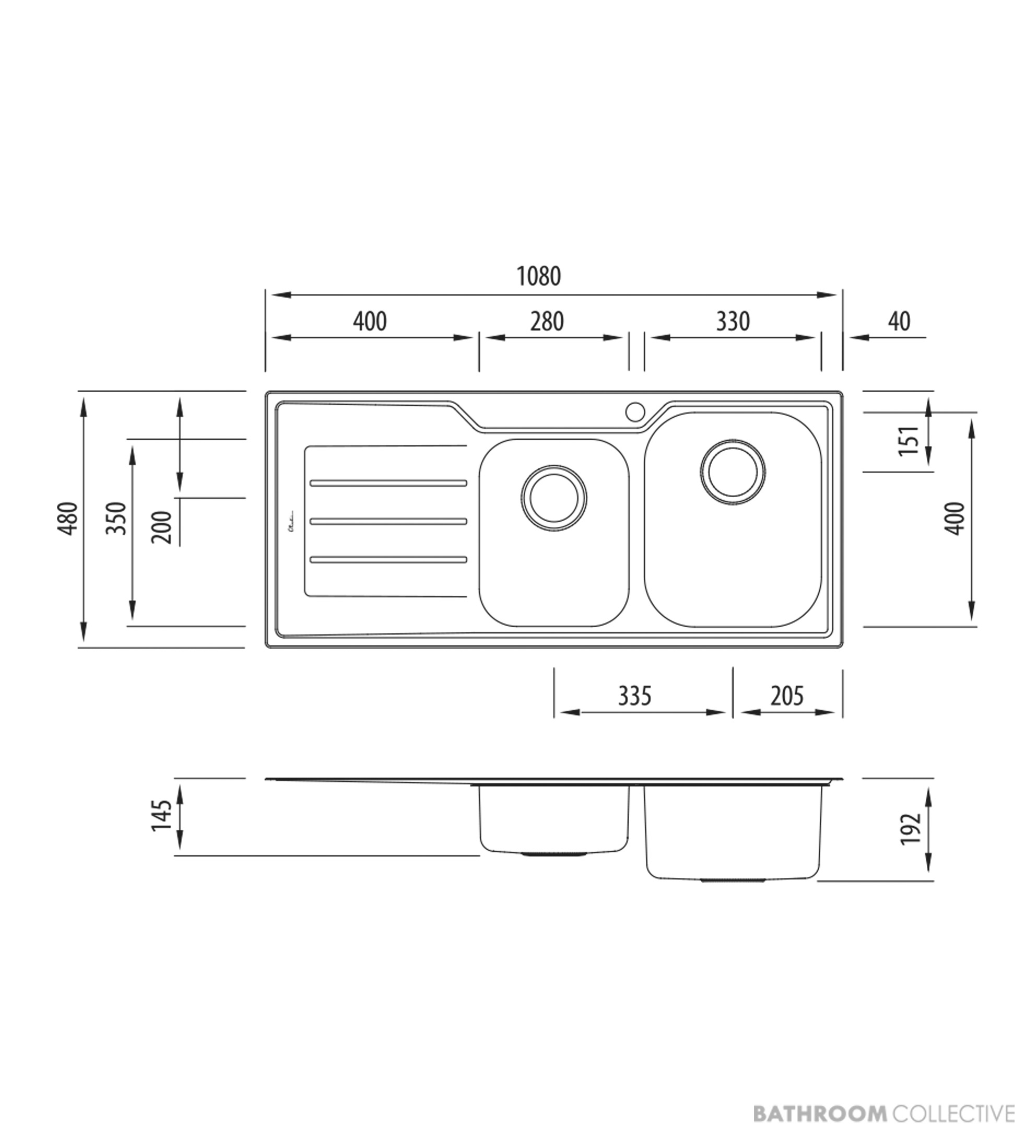 Oliveri Flinders Topmount 1 & 3/4 Double Bowl Sink 1080mm, Left Drainer, Stainless FL112 1TH