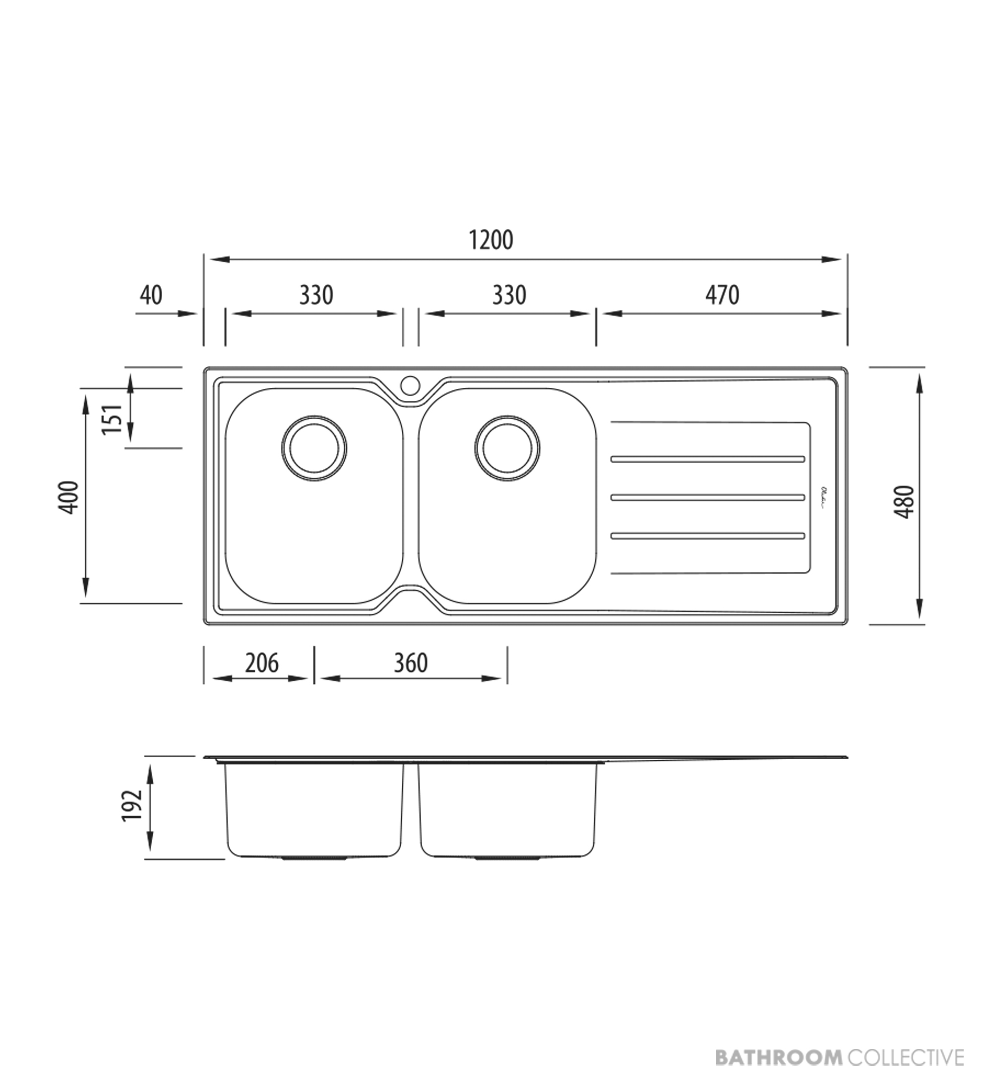 Oliveri Flinders Topmount Double Bowl Sink 1200mm, Right Drainer, Stainless FL171 1TH