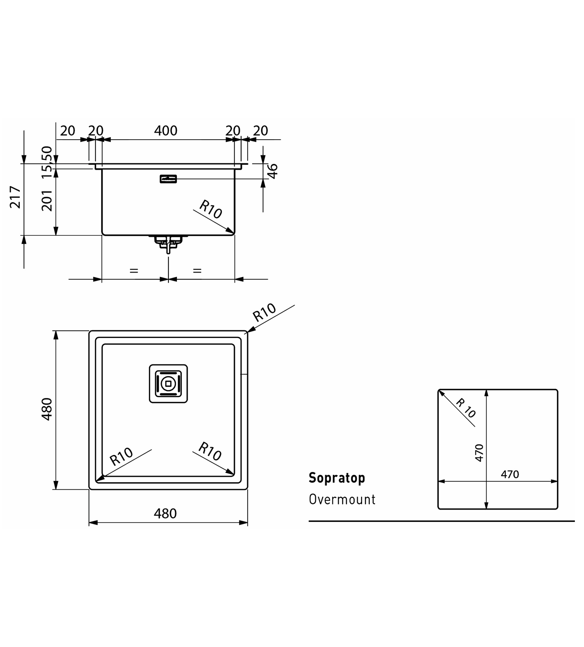 Artinox Frame 400 x 400 Single Bowl Kitchen Sink Incl. Cover & Strainer, Stainless Steel