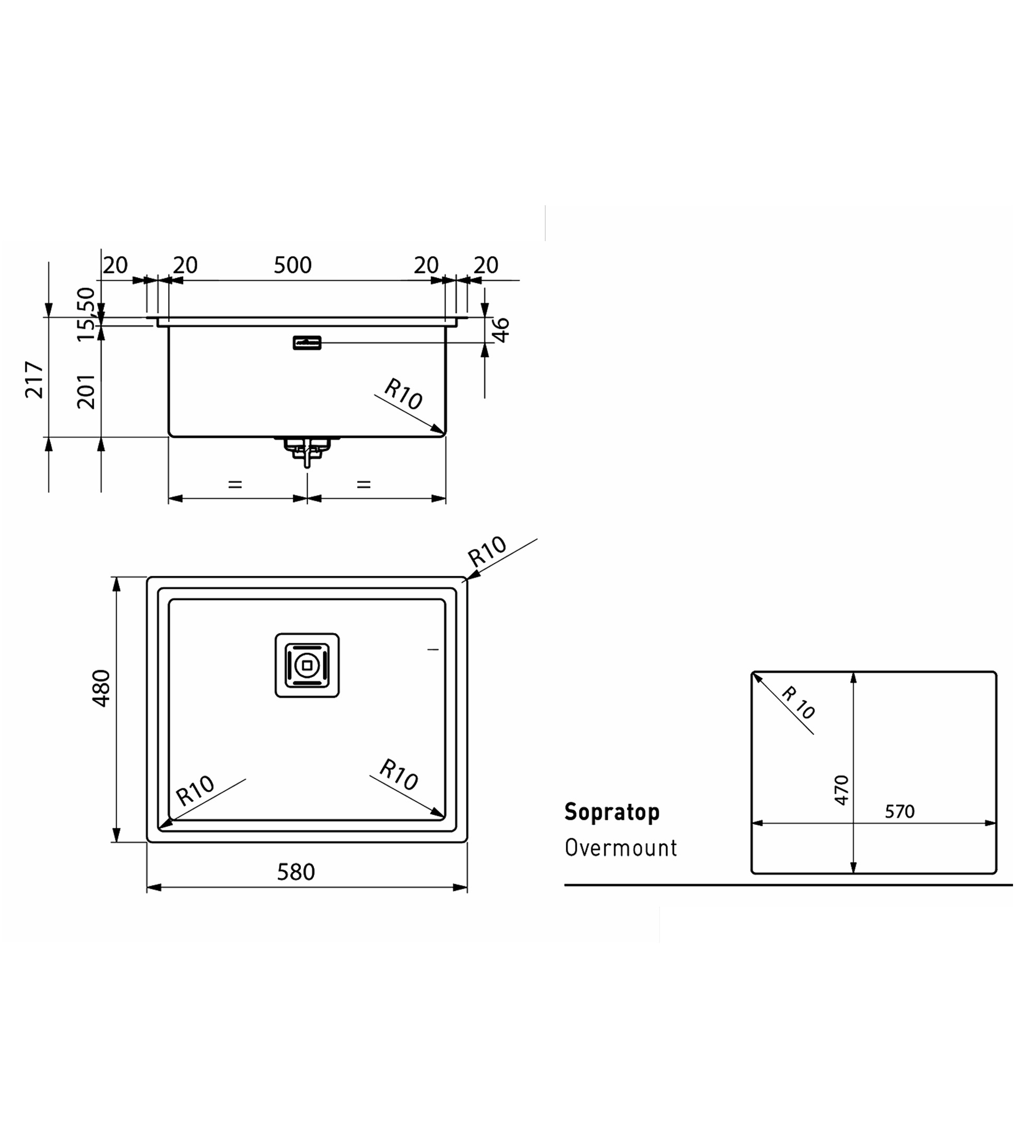 Artinox Frame 500 x 400 Single Bowl Kitchen Sink Incl. Cover & Strainer, Stainless Steel
