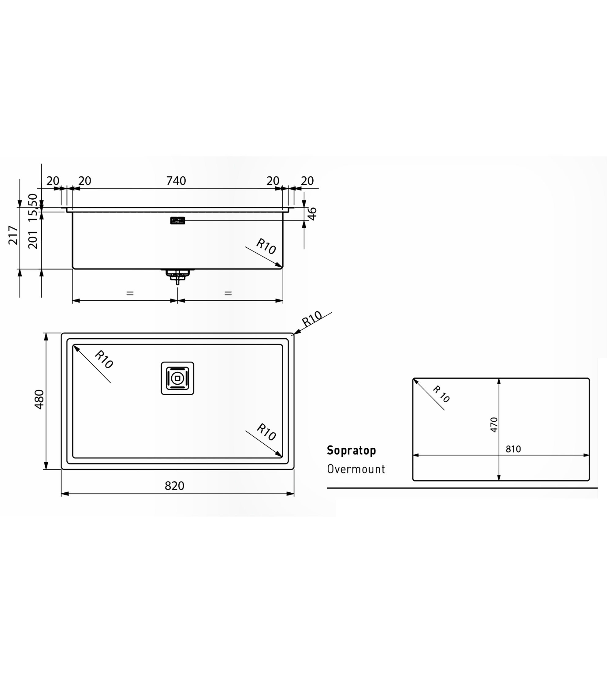 Artinox Frame 740 x 400 Single Bowl Kitchen Sink Incl. Cover & Strainer, Stainless Steel