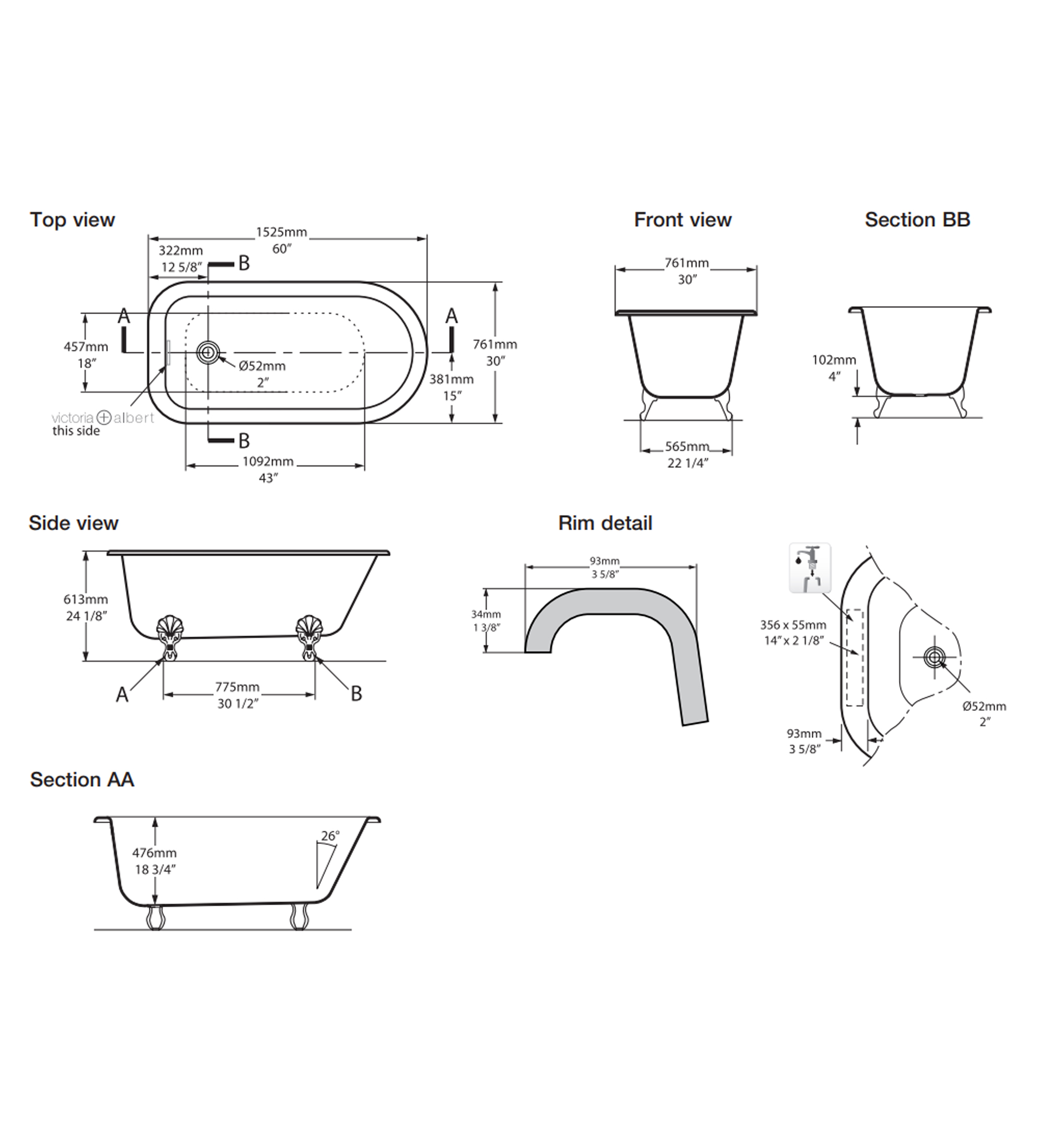 Victoria & Albert Hampshire 1500mm Stone Bath with Ball + Claw Feet, Polished Brass