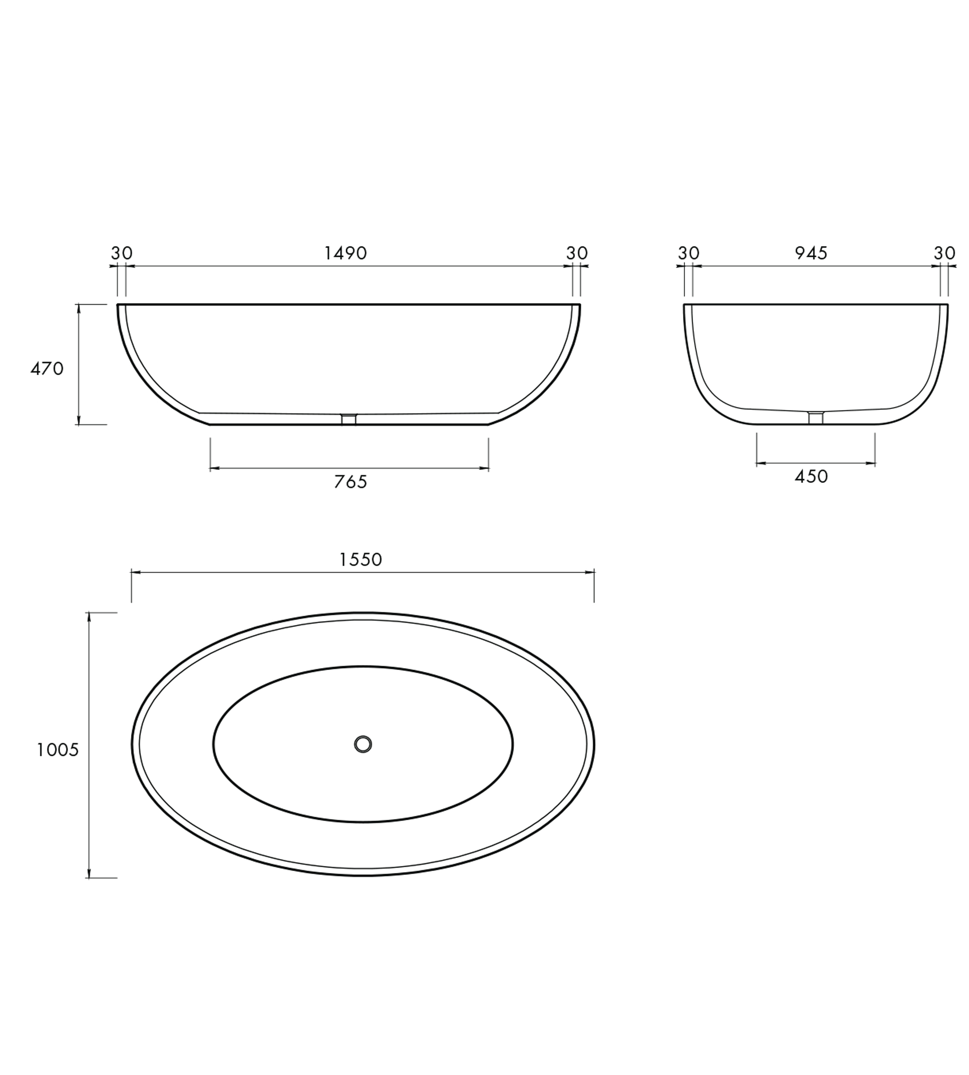 Apaiser Haven 1550mm Stone Freestanding Bath Without Base